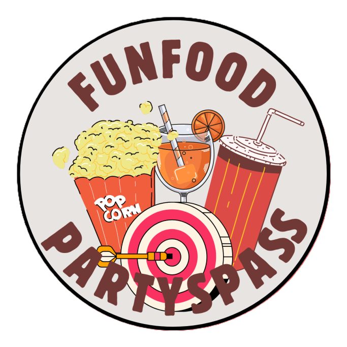 Illustration mit Popcorn, Getränken und Zielscheibe unter dem Motto „Funfood & Partyspaß"