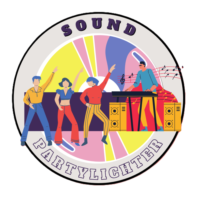 Illustration mit DJ, Lautsprechern und tanzenden Personen unter dem Titel „Sound & Partylichter“