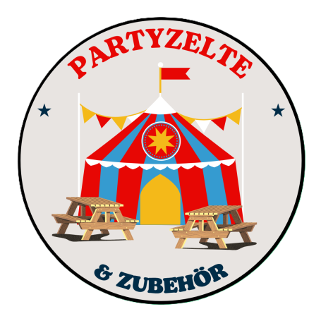 Illustration eines rot-blauen Partyzelts mit zwei Holzbänken und dem Text „Partyzelte & Zubehör“