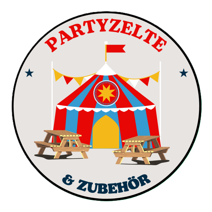 Illustration eines rot-blauen Partyzelts mit zwei Holzbänken und dem Text „Partyzelte & Zubehör“